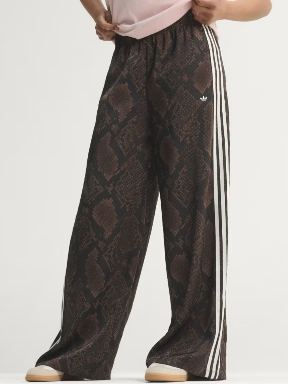 NWT adidas Brown & Black Snake Python Print Wide Leg Satin Track Pants